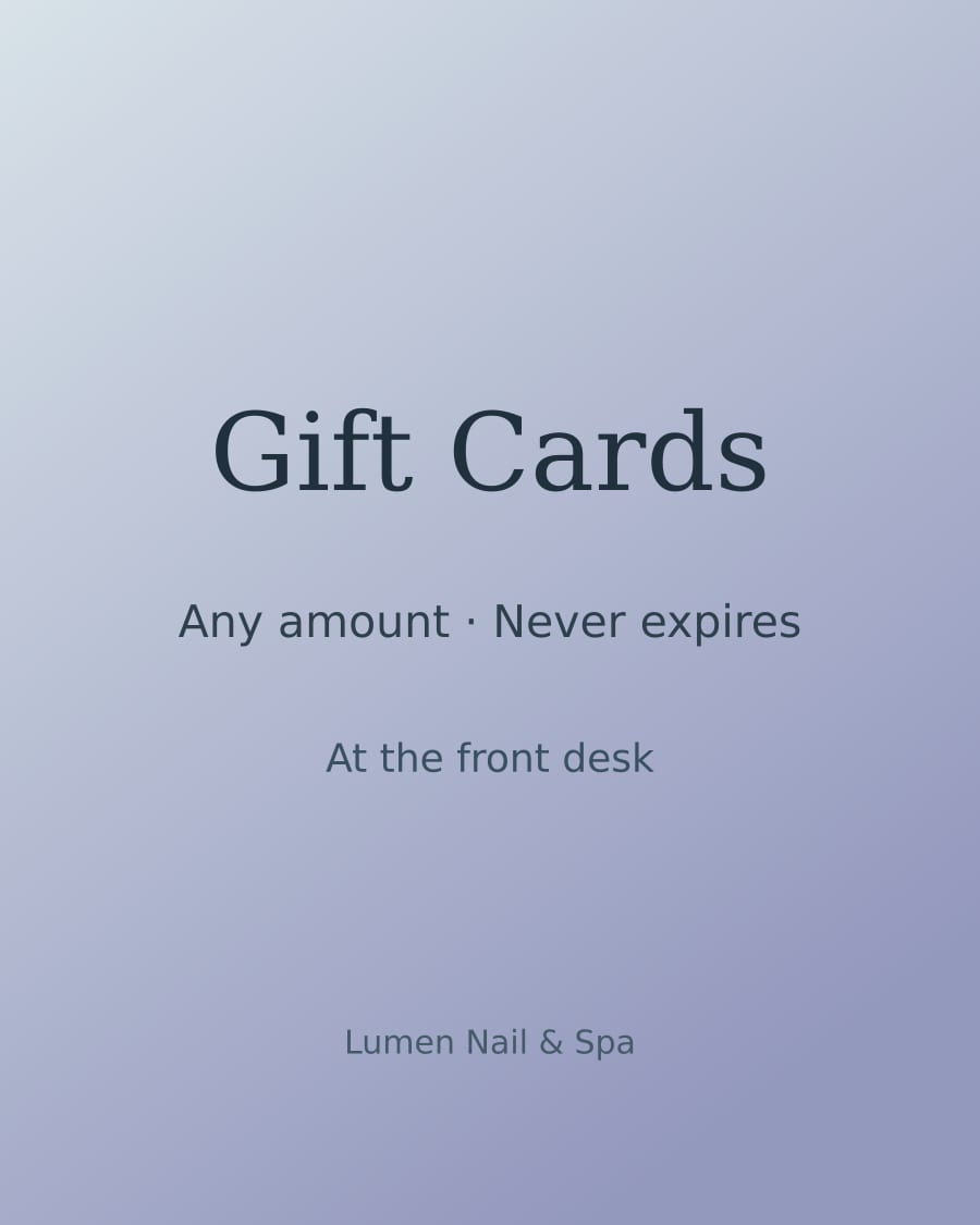 Gift cards available at the front desk, in any amount, never expiring.